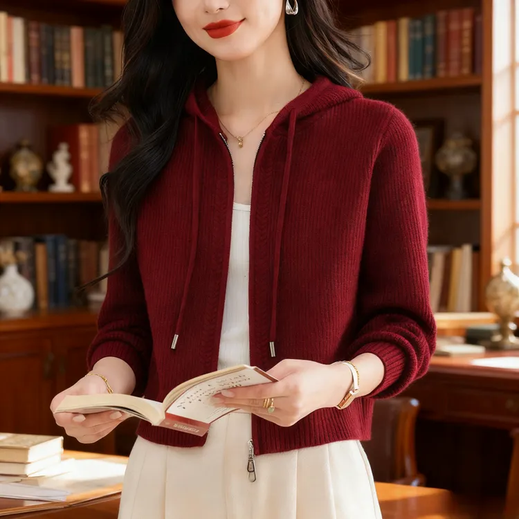 纯100羊毛衫连帽短款针织毛衣外套女2025春秋新款外搭小个子开衫