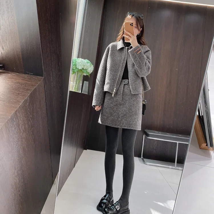 IMFLY金小金自制女装 绵羊毛套装DYW9893秋冬款毛呢外套+毛呢短裙