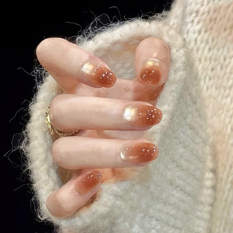 【蜜糖流光】初秋棕色渐变追光猫眼美甲穿戴甲片高级显白手工穿戴甲