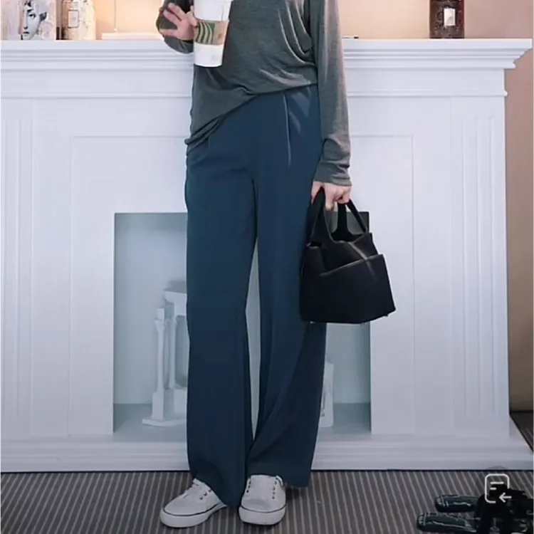 Solelimit时髦松紧腰H型及地阔腿裤女士高腰休闲长裤