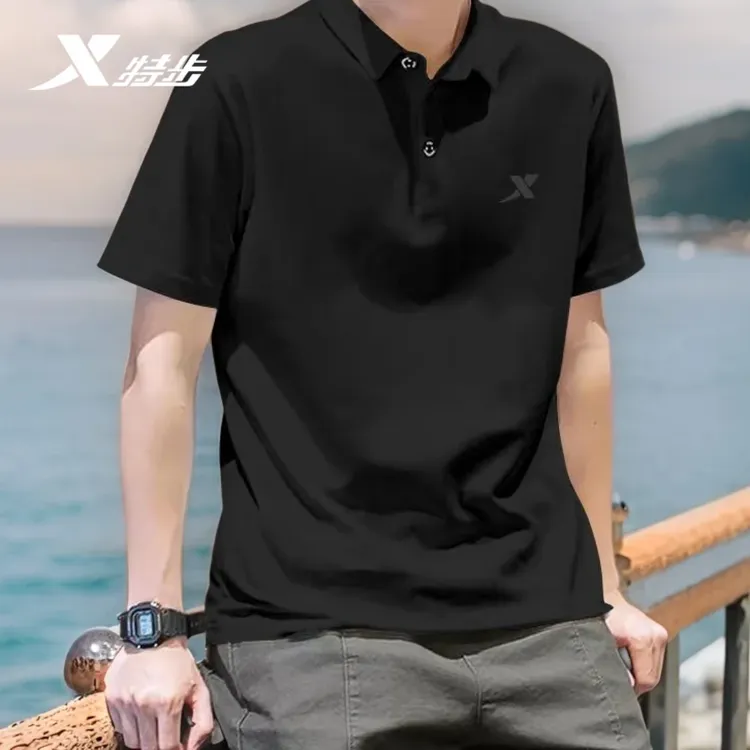 特步短袖T恤男2025夏季新款POLO衫官方正品休闲t薄款黑色翻领上衣