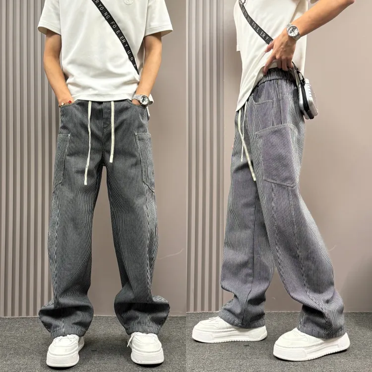 复古竖纹肌理休闲裤男款潮牌加绒加厚宽松直筒垂坠感做旧阔腿长裤