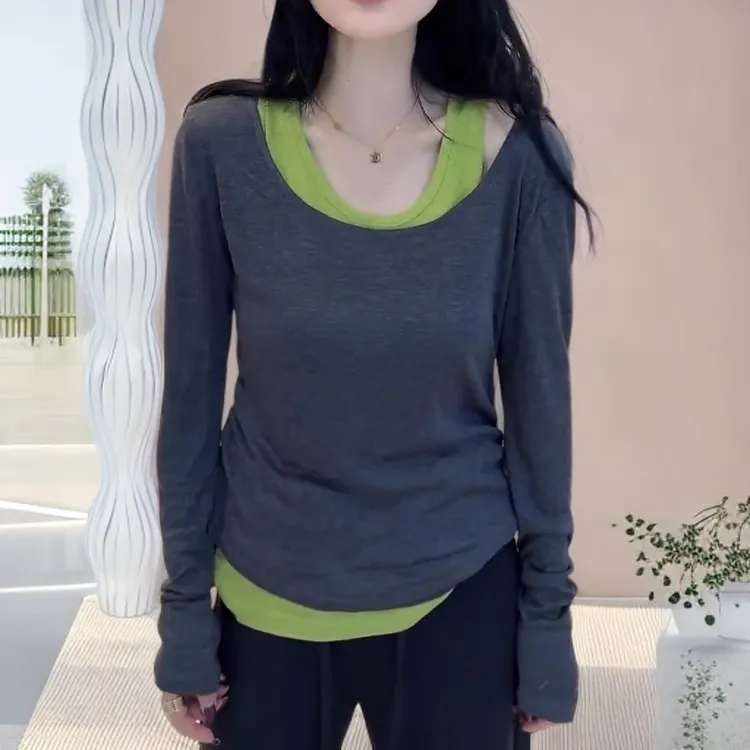 两件套长袖露肩T恤女秋季新款胖MM大码女装设计感显瘦打底衫上衣