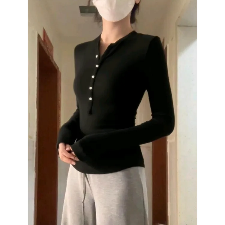 正肩收腰亨利衫长袖天然贝壳扣T恤女秋季新款修身显瘦打底衫上衣
