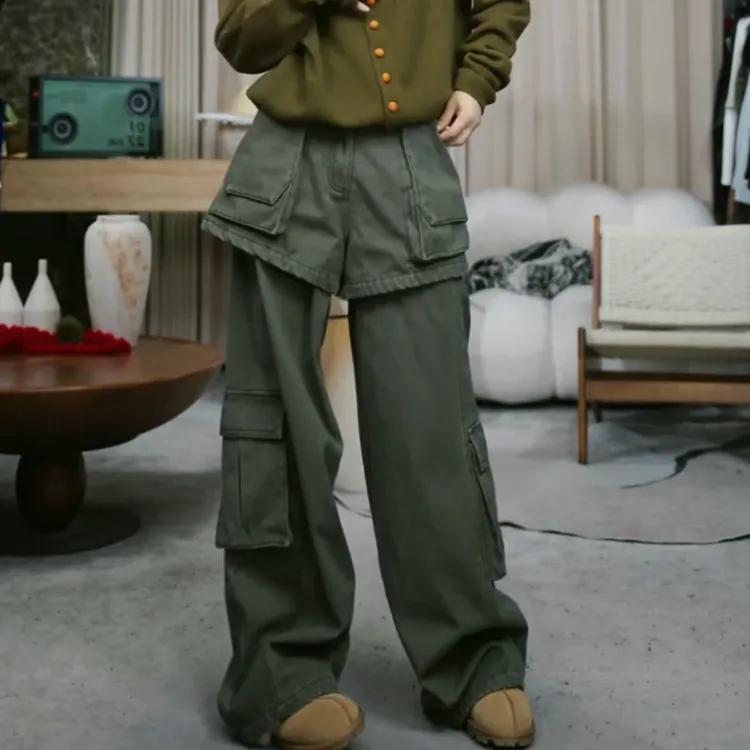 infobyfive2025秋冬新款小绿屁帘假两件工装裤多口袋壹NF0510202
