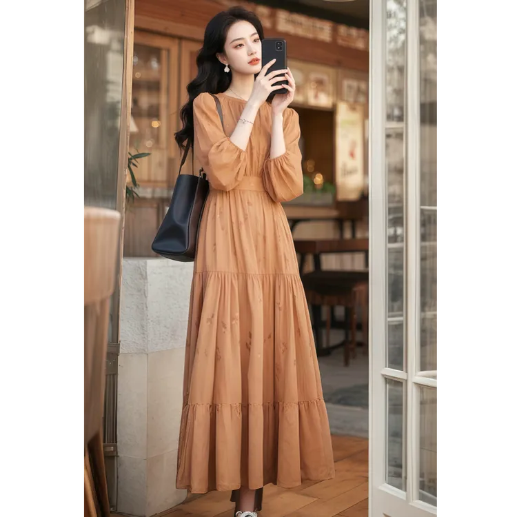 法式气质名媛高端轻奢高级感女神范长裙端庄大气橘色连衣裙春季女