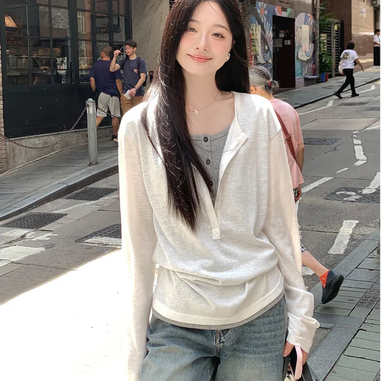 假两件撞色长袖T恤2025秋季新款小众宽松慵懒休闲设计薄款上衣女