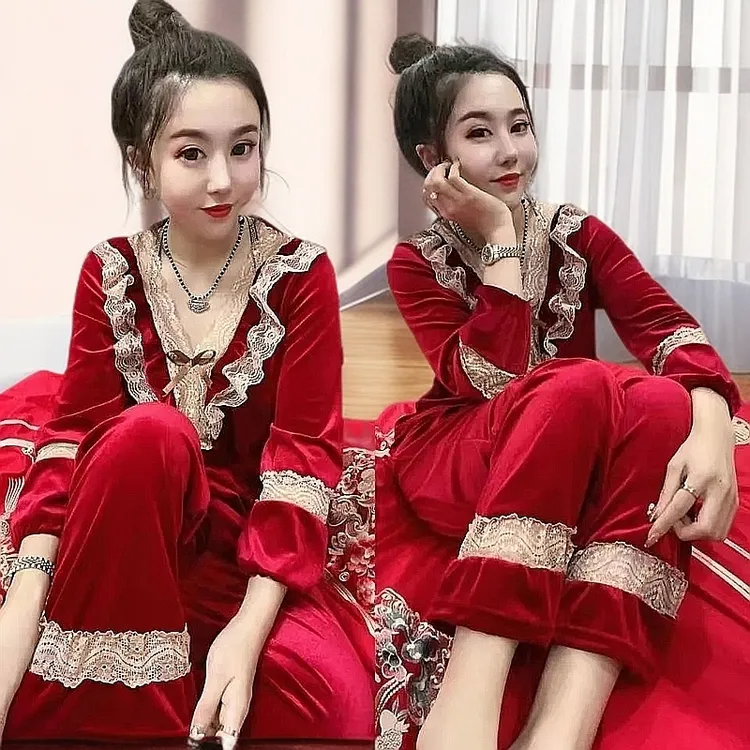 睡衣女2025新款秋冬金丝绒大码时尚本命年红色宽松家居服两件套