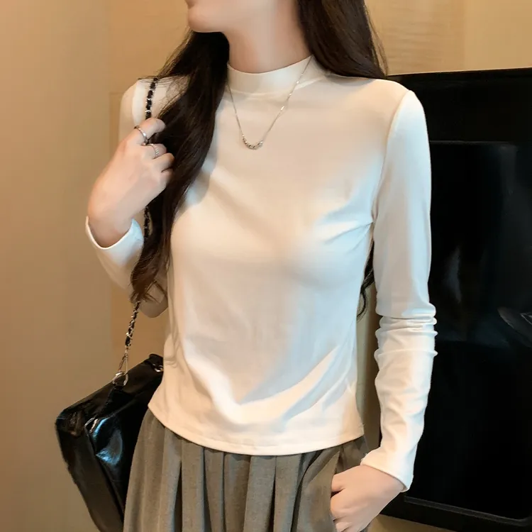 白色打底衫女士秋冬2025新款棉小立领内搭修身长袖中领保暖上衣t