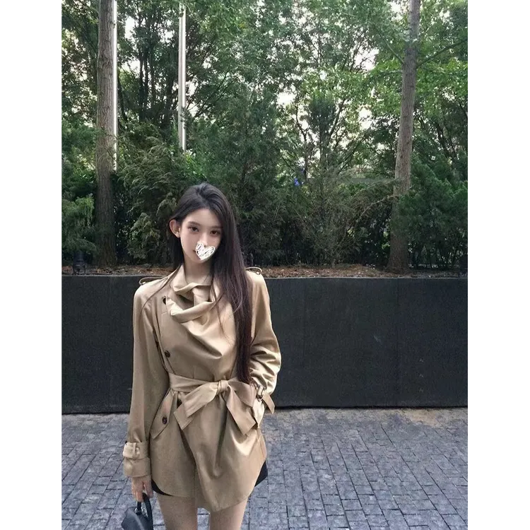 「北川景子」不规则中短款风衣外套瘦版两穿风衣