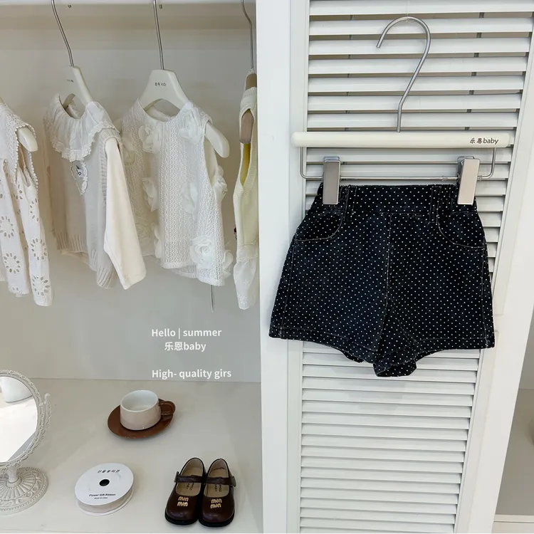 【现货】【乐恩baby】夏女童T恤打底衫休闲洋气波点牛仔短裤两件套装