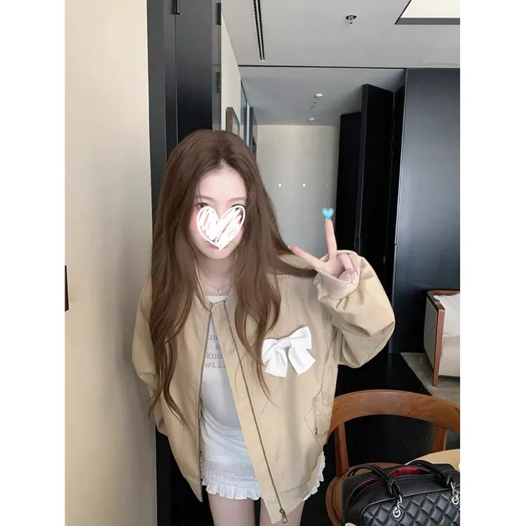 秋季新款甜美温柔风INS风少女百搭卡其色蝴蝶结短款上衣外套D677