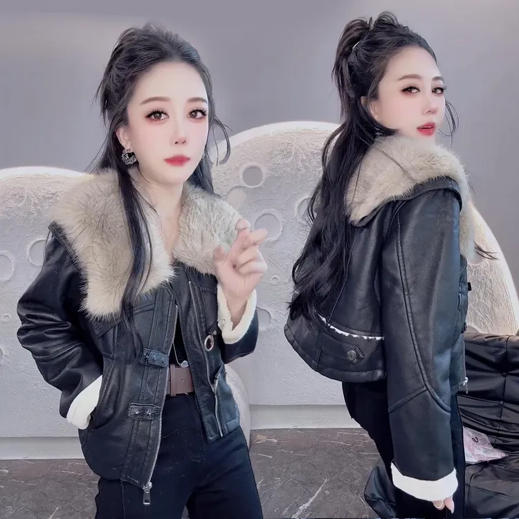 2025冬新款PU皮毛一体夹克短外套女保暖大毛领韩版时尚加绒厚皮衣