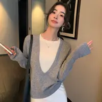 100羊毛设计感假两件大U领显瘦针织衫女春秋宽松毛衣