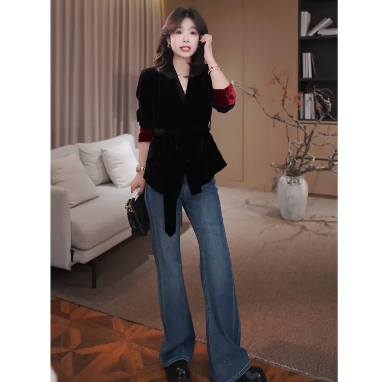 广州琴姐【绯夜星辰】黑色真丝丝绒国风显瘦V领长袖外套女秋季4567