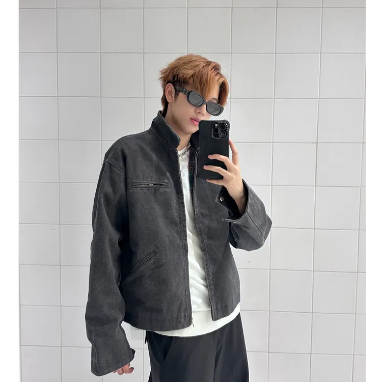 HXOS[忆暖]复古工装翻领夹克灰黑两色美式休闲多口袋短款外套男女