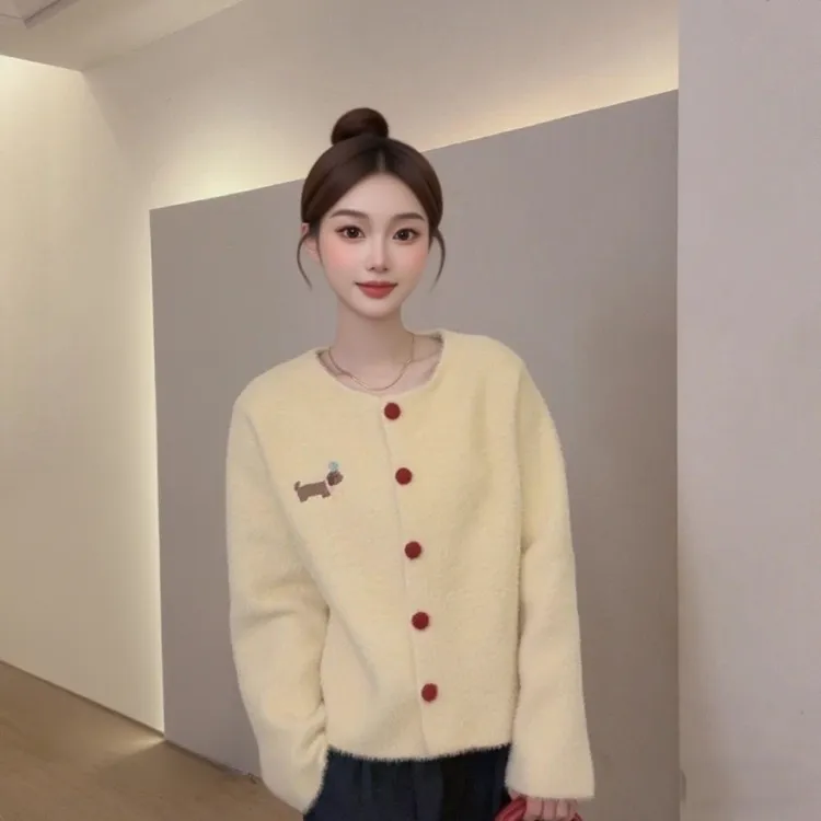 2025春秋新款毛衣甜美开衫上衣外套仿水貂毛针织法式名媛宽松显瘦