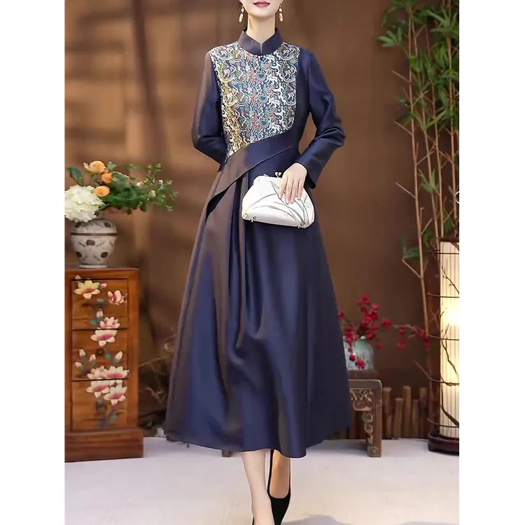 新中式复古国风连衣裙2025春秋新款民族风收腰显瘦减龄改良旗袍裙