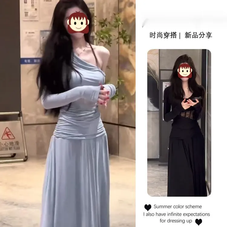 女2025时尚穿搭蕾丝拼接修身露肩长袖T恤高腰遮肉显瘦气质半身裙