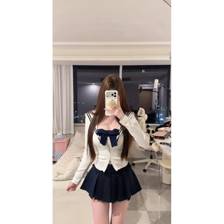 纯欲辣妹海军领针织弹力开衫抹胸蝴蝶结上衣女显瘦百褶短裙两件套