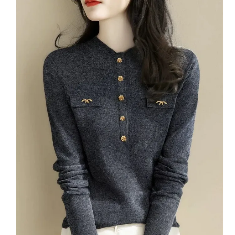 小众高级感长袖针织衫上衣女秋冬修身显瘦打底衫毛衣加大码胖MM