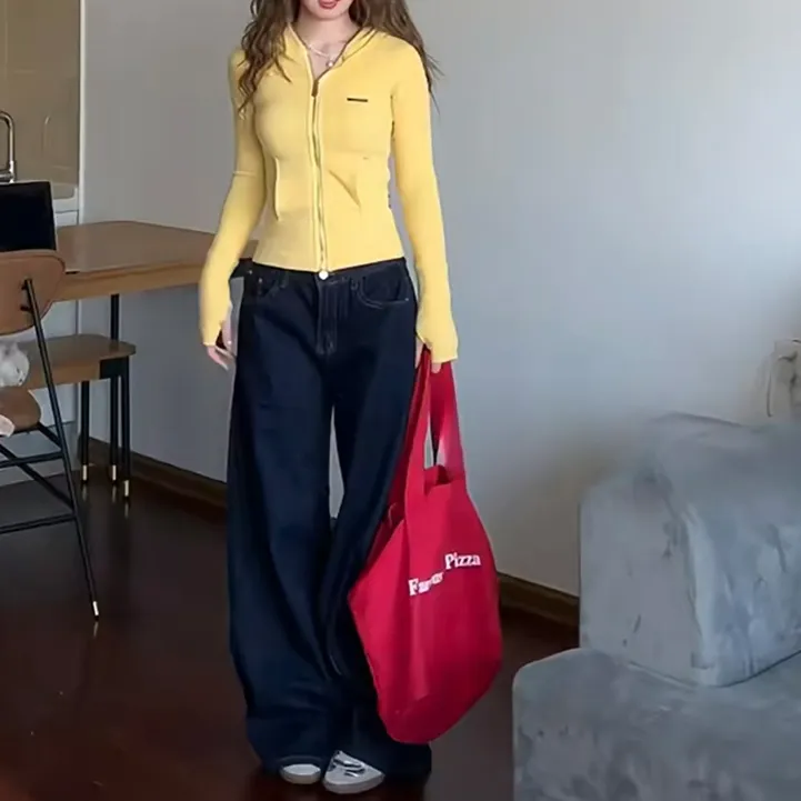 复古美式深蓝阔腿牛仔裤女春季款高腰宽松显瘦百搭拖地直筒长裤子