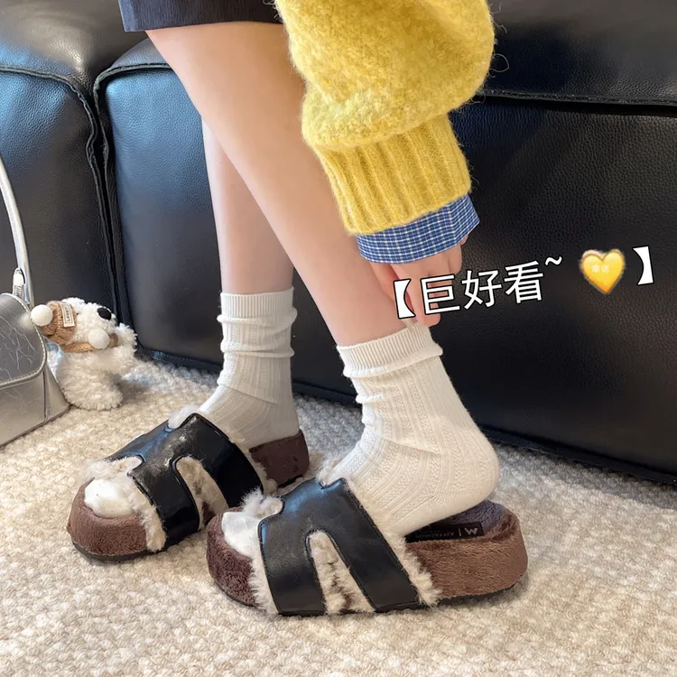 厚底勃肯鞋毛毛拖鞋女外穿2025新款秋冬季毛绒外出居家一字棉拖鞋
