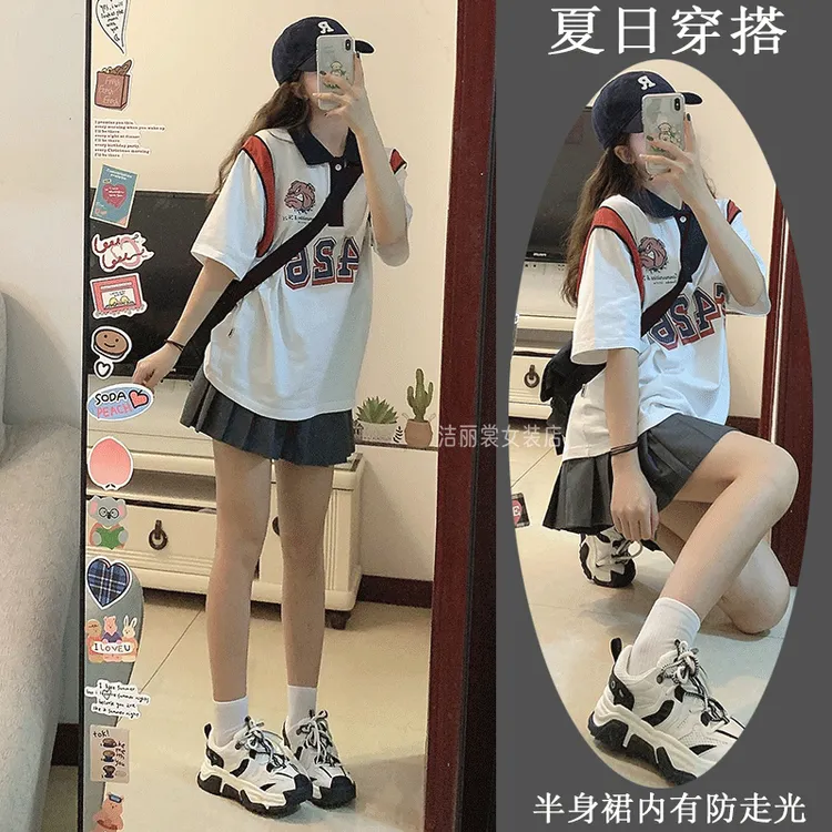 学院风休闲短裙套装女夏季15-18岁少女潮牌衣服polo衫裙子两件套