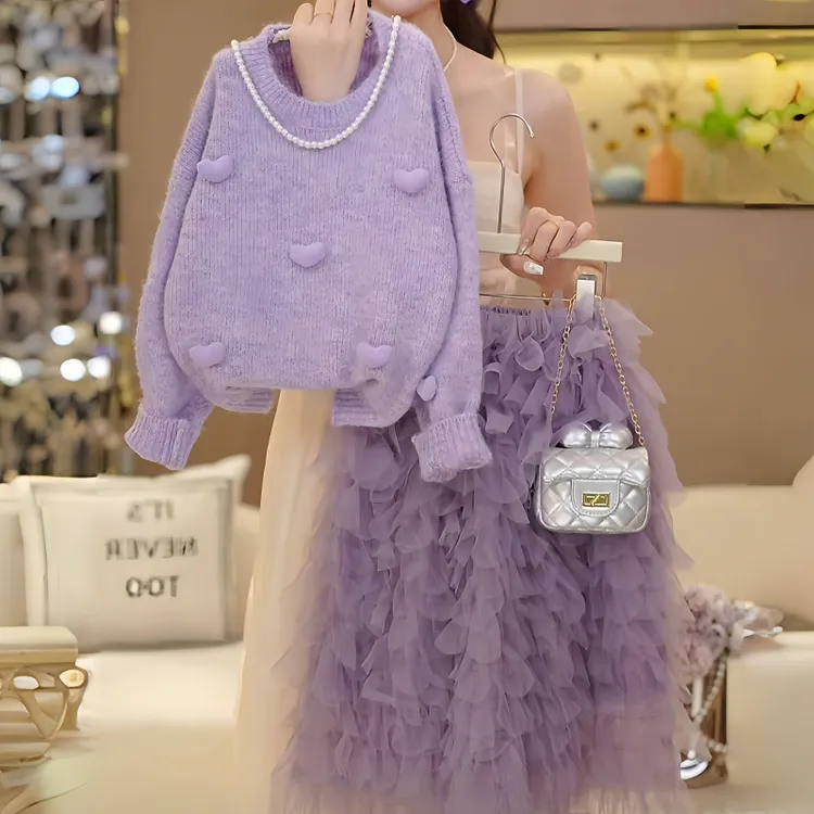 DURBEYQI/朵贝奇女童2025秋季新款爱心针织衫泡泡裙套装5602