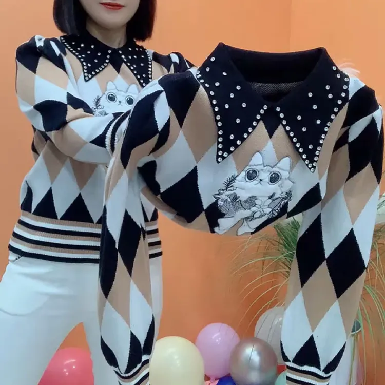 时尚中年妈妈装娃娃领针织衫女2025秋冬新款长袖宽松百搭打底衫女