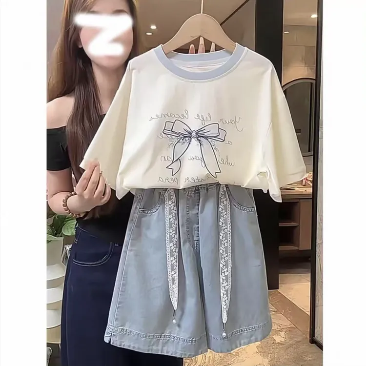 女童套装蝴蝶结T恤牛仔中裤夏季2025新款中大童蕾丝腰带短袖穿搭