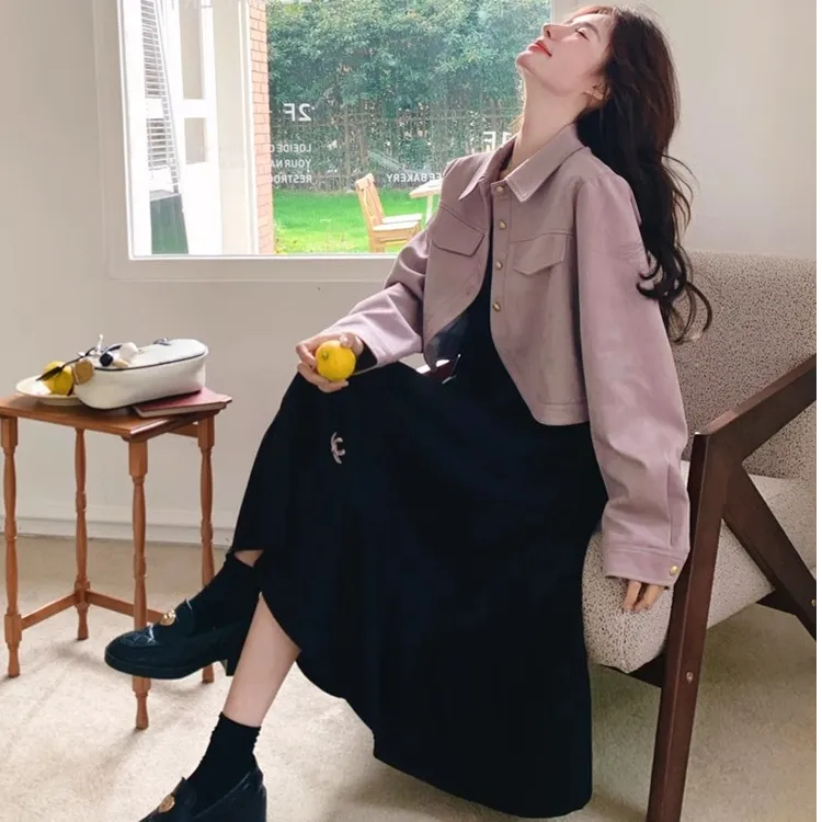 超火紫色皮绒外套连衣裙套装女早春两件套高级感ootd穿搭流行