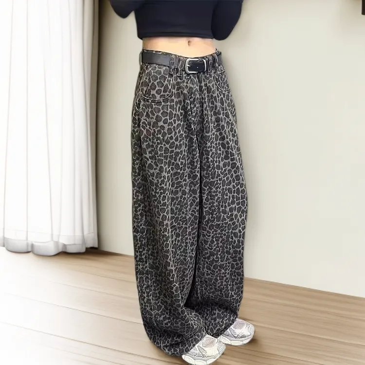 美式辣妹复古豹纹休闲阔腿裤女秋季新款设计感高腰显瘦拖地长裤子