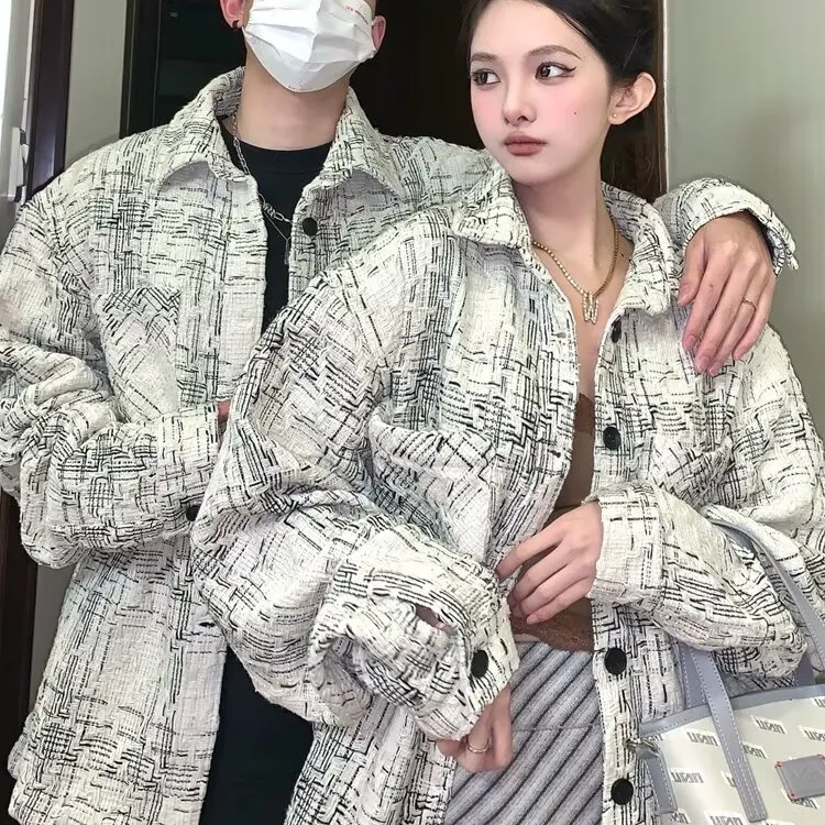 百搭翻领嘻哈情侣常规款格子秋季夹克ins时尚套装上衣印花潮流