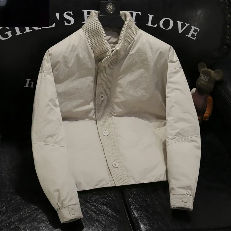 欧货立领羽绒服男士新款针织拼接落肩微阔潮牌白鸭绒保暖外套潮