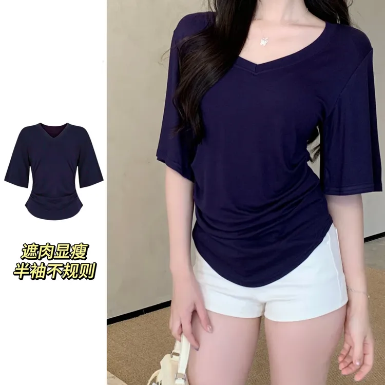 半袖V领掐腰短袖T恤女大码胖mm夏季巨遮肉显瘦韩版百搭纯色上衣