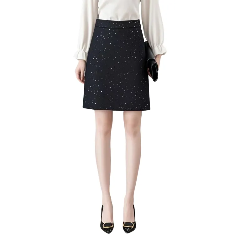 大码闪亮片欧若风半身裙春季黑色显瘦a字裙胖m包臀职场欧若风中裙