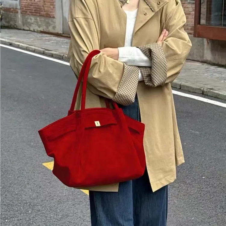 红色磨砂质感大容量托特包包2025新款高级感手提新娘结婚包秋冬季