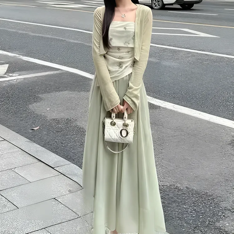 新中式禅意套装不规则吊带罩衫半身裙设计感淑女风新款时尚三件套