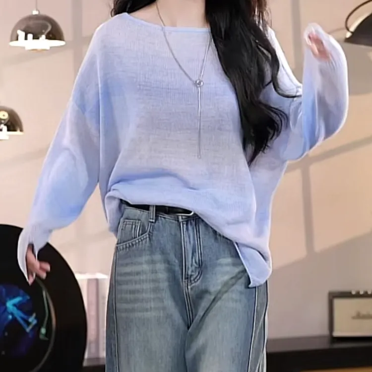 设计感彩虹渐变针织毛衣2025春款和纸纱亲肤透气松弛慵懒百搭上衣