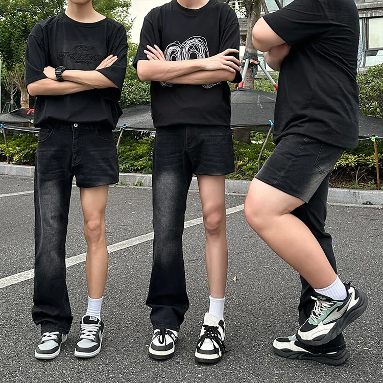 水洗黑色大码高弹微喇牛仔裤男夏季美式复古设计感显瘦微喇直筒裤
