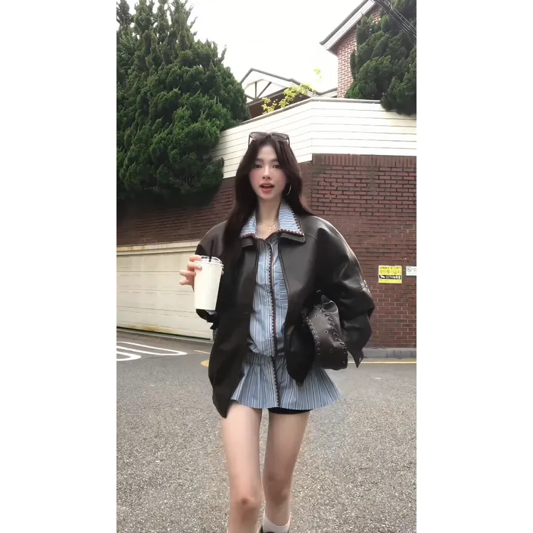 MARIE.COCO美式炸街酷辣风一整套设计感复古条纹连衣裙女夹克皮衣