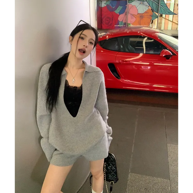 复古V领长袖宽松针织毛衣上衣百搭休闲直筒短裤两件套女春季新款