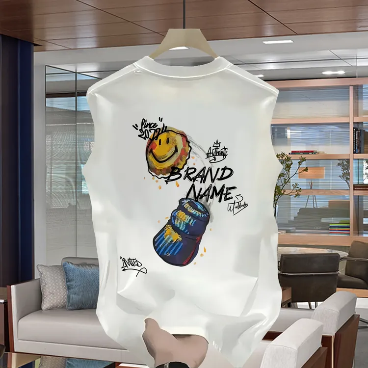 新款百搭潮流重磅纯棉印花圆领背心无袖宽松休闲短袖t恤男女情侣