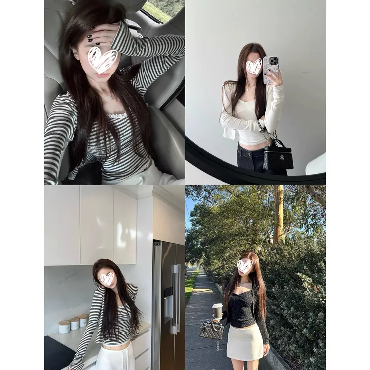 U型领长袖短开衫针织衫+蕾丝花边拼接吊带两件套女秋季撞色时尚T
