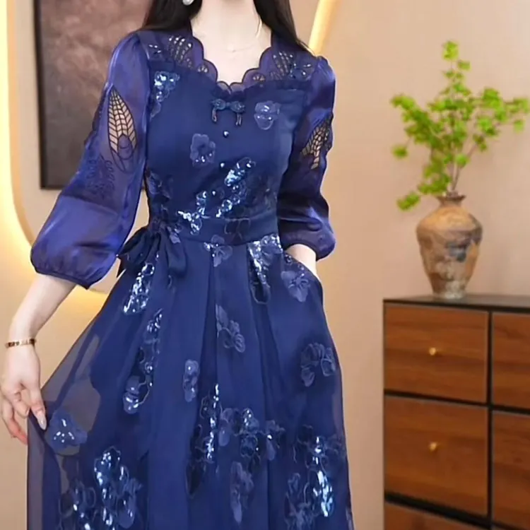 夏季百搭收腰时尚复古收腰洋气气质显瘦优雅连衣裙