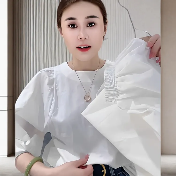 欧货秋季新款白色灯笼袖圆领衬衫女法式气质宽松显瘦洋气时髦上衣