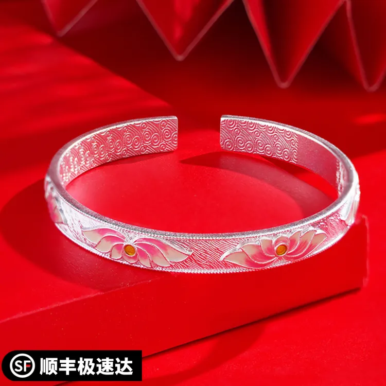 足银手镯 银9999珐琅彩莲花手镯国风实心开口式实心银镯子高级感