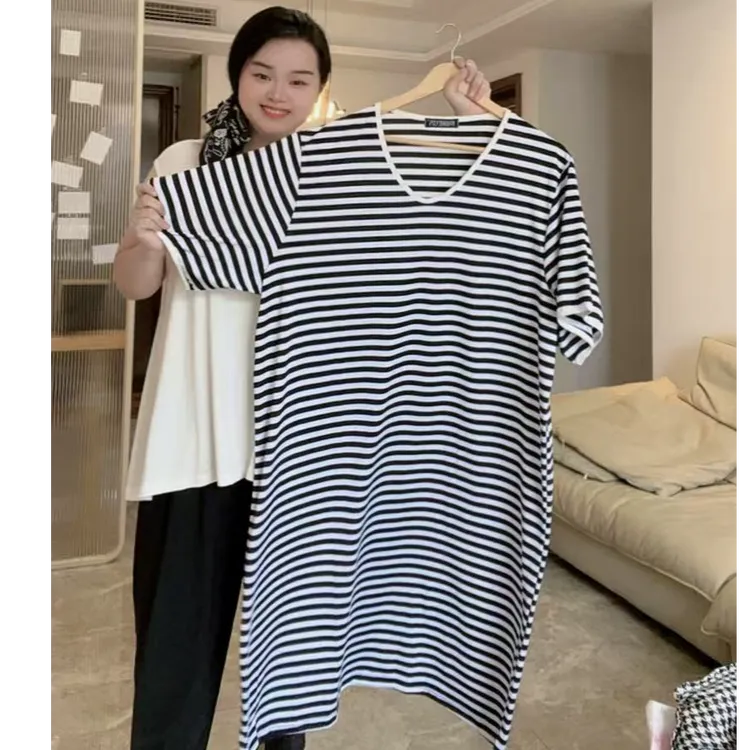 300斤200斤加肥特大码条纹连衣裙宽松家居外穿居家裙显瘦夏季新款