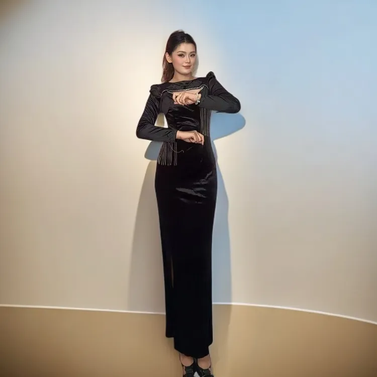 2025年最爆款晚礼服伴娘团礼服murasim kiyim长袖显瘦长款开叉